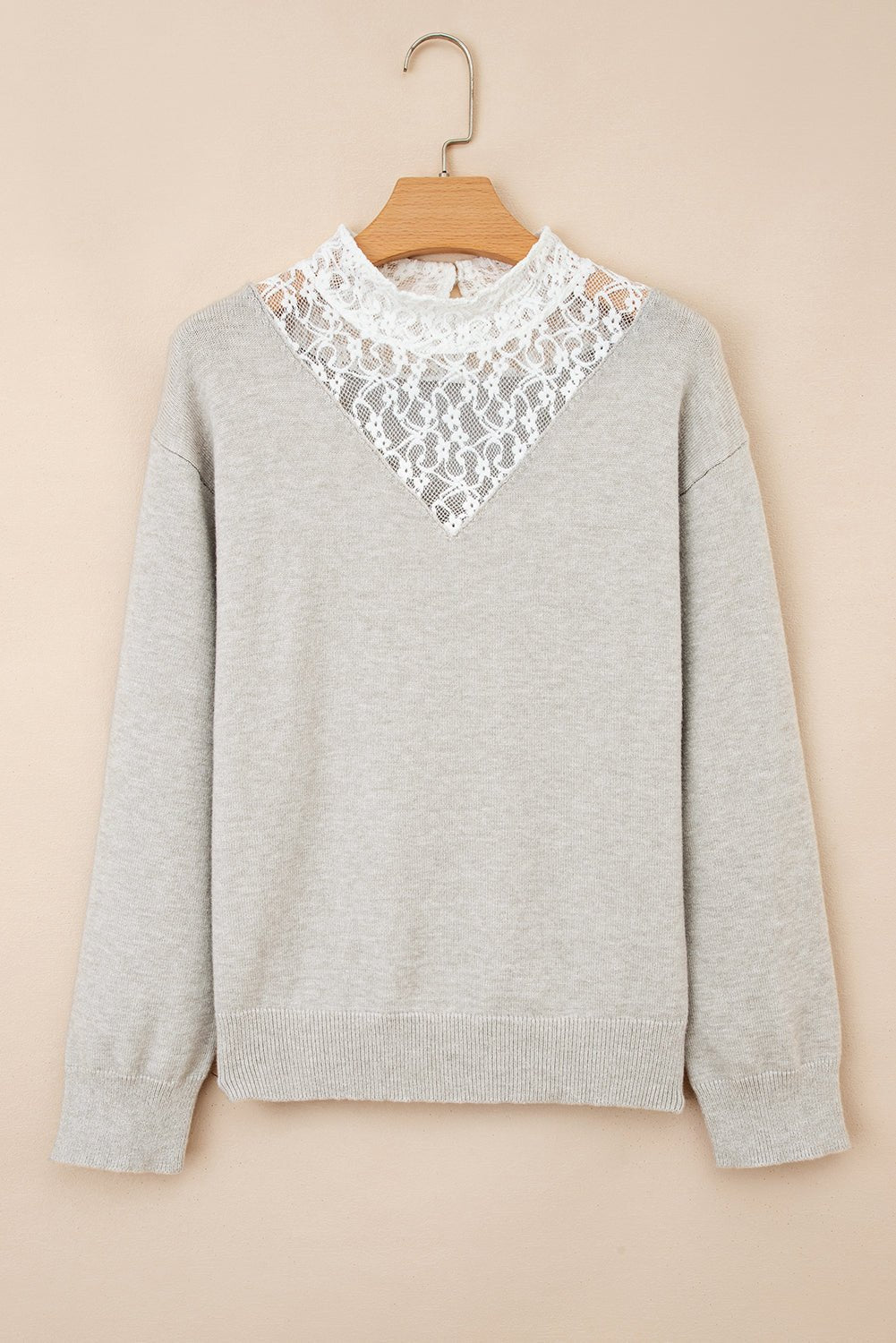 Light Grey Button Keyhole Lace Patchwork Drop Shoulder Sweater - MAD RUFFI