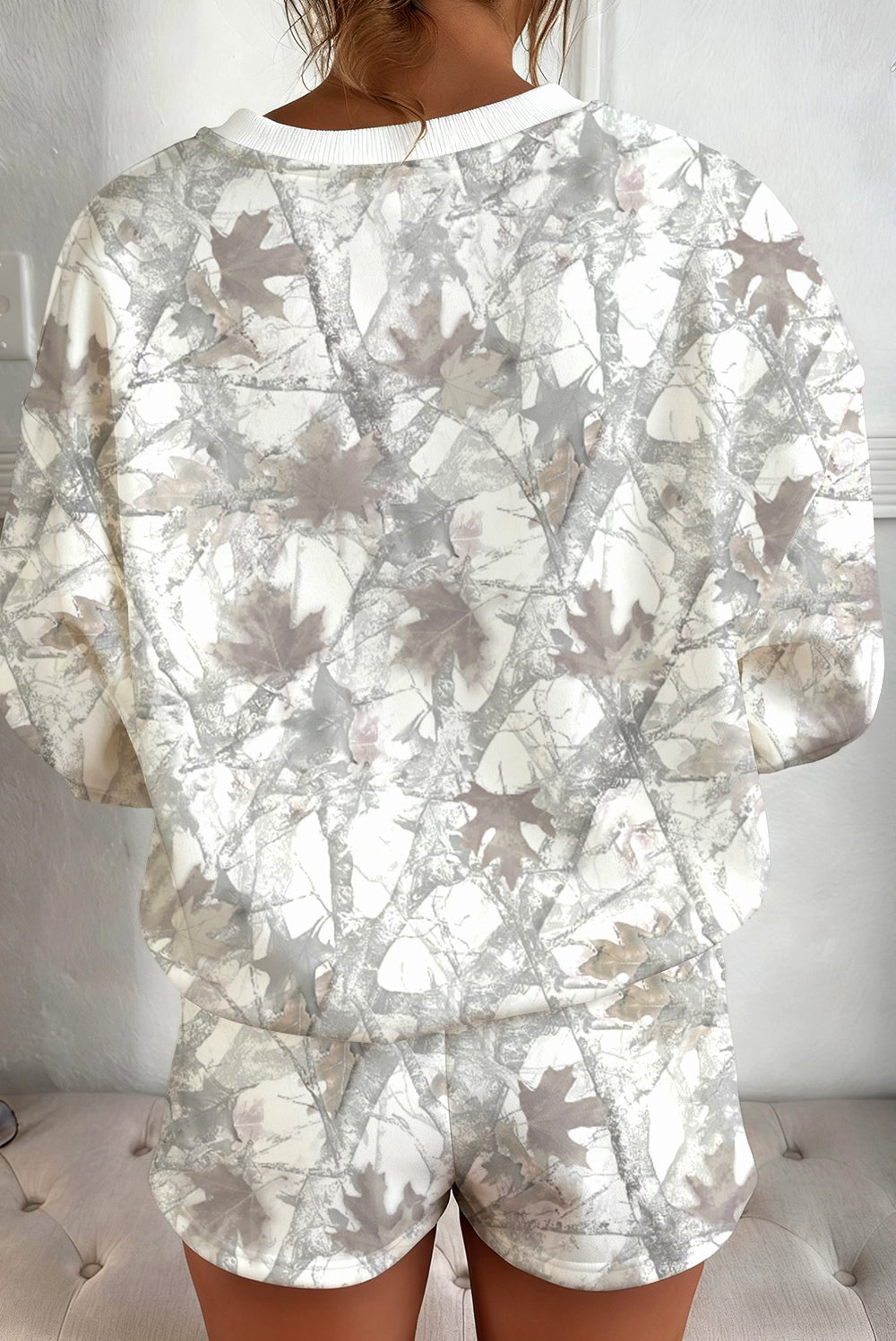 Light Grey Camouflage Print Round Neck Drop Sleeve Shorts Set - MAD RUFFI