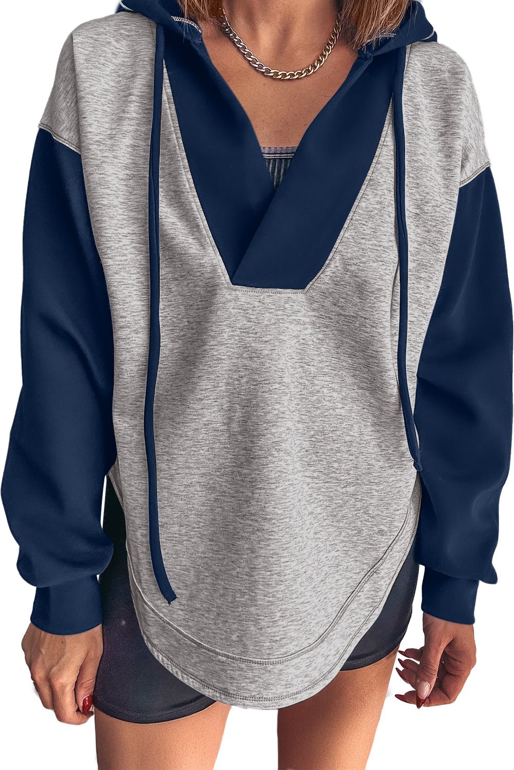 Light Grey Colorblock Patchwork V Neck Drawstring Hoodie - MAD RUFFI