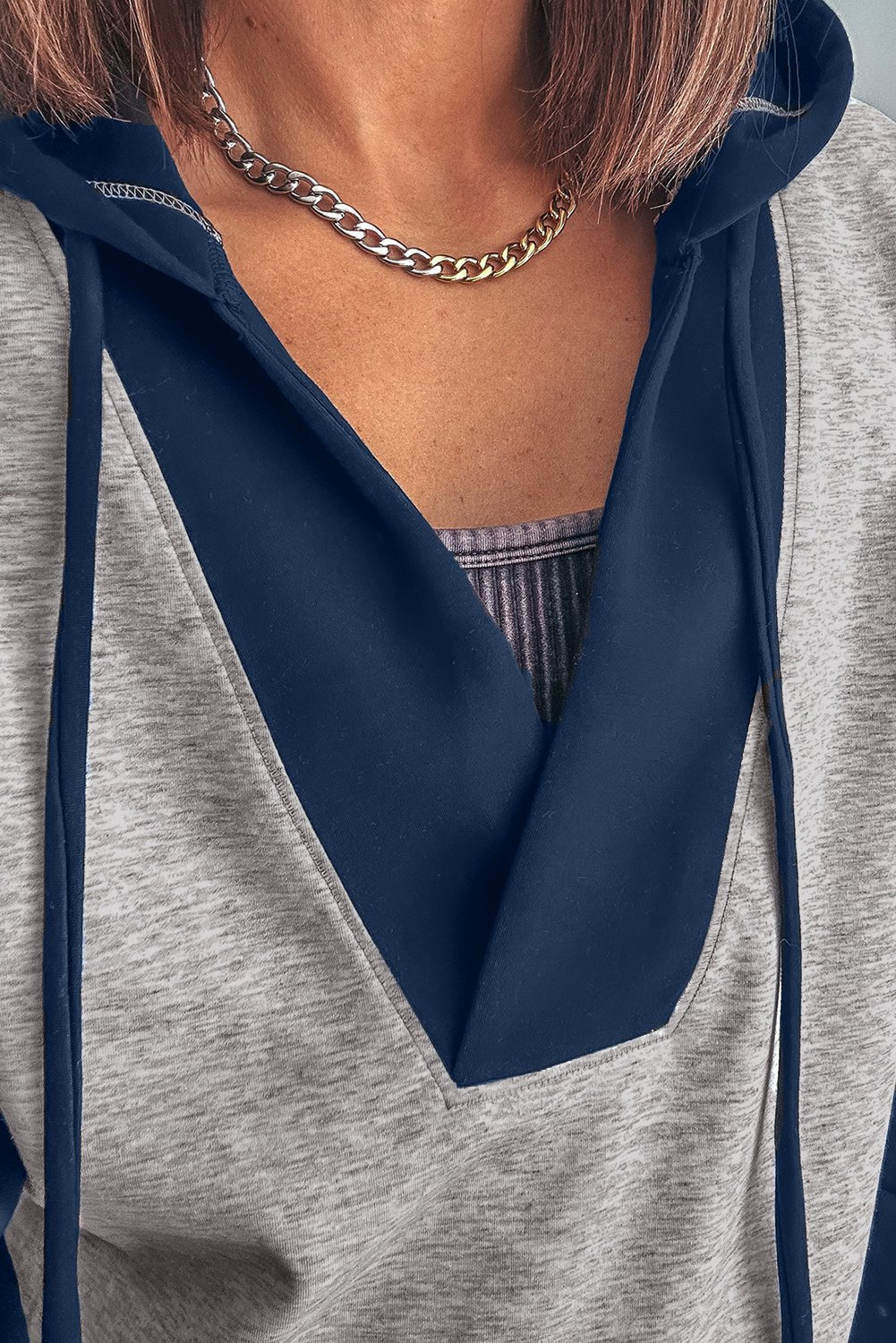 Light Grey Colorblock Patchwork V Neck Drawstring Hoodie - MAD RUFFI