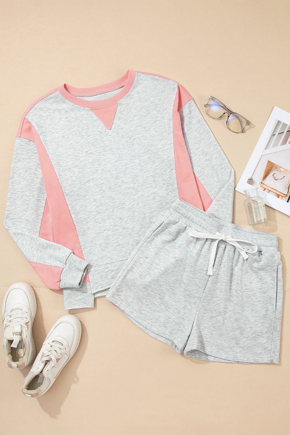 Light Grey Colorblock Raw Hem Pullover and Shorts Set - MAD RUFFI