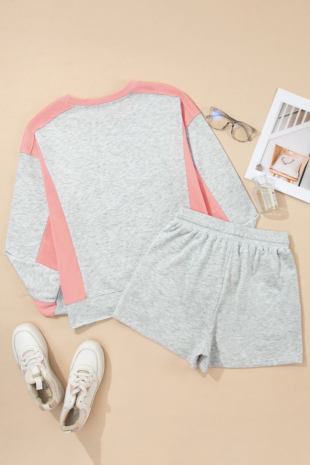 Light Grey Colorblock Raw Hem Pullover and Shorts Set - MAD RUFFI