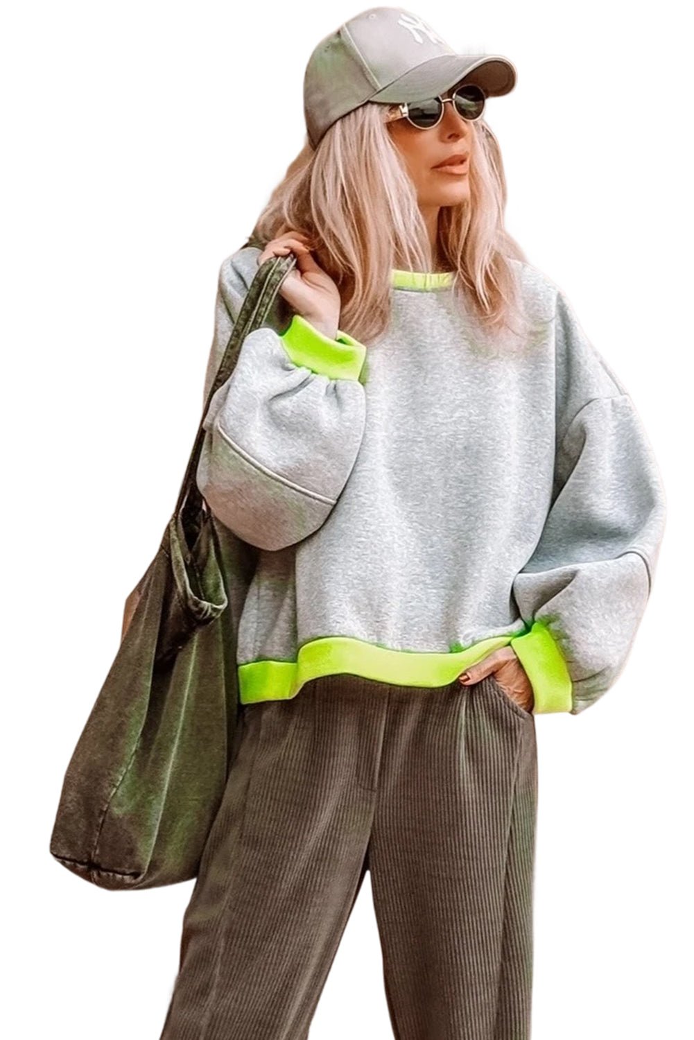 Light Grey Contrast Color Patchwork Drop Sleeve Loose Sweatshirt - MAD RUFFI