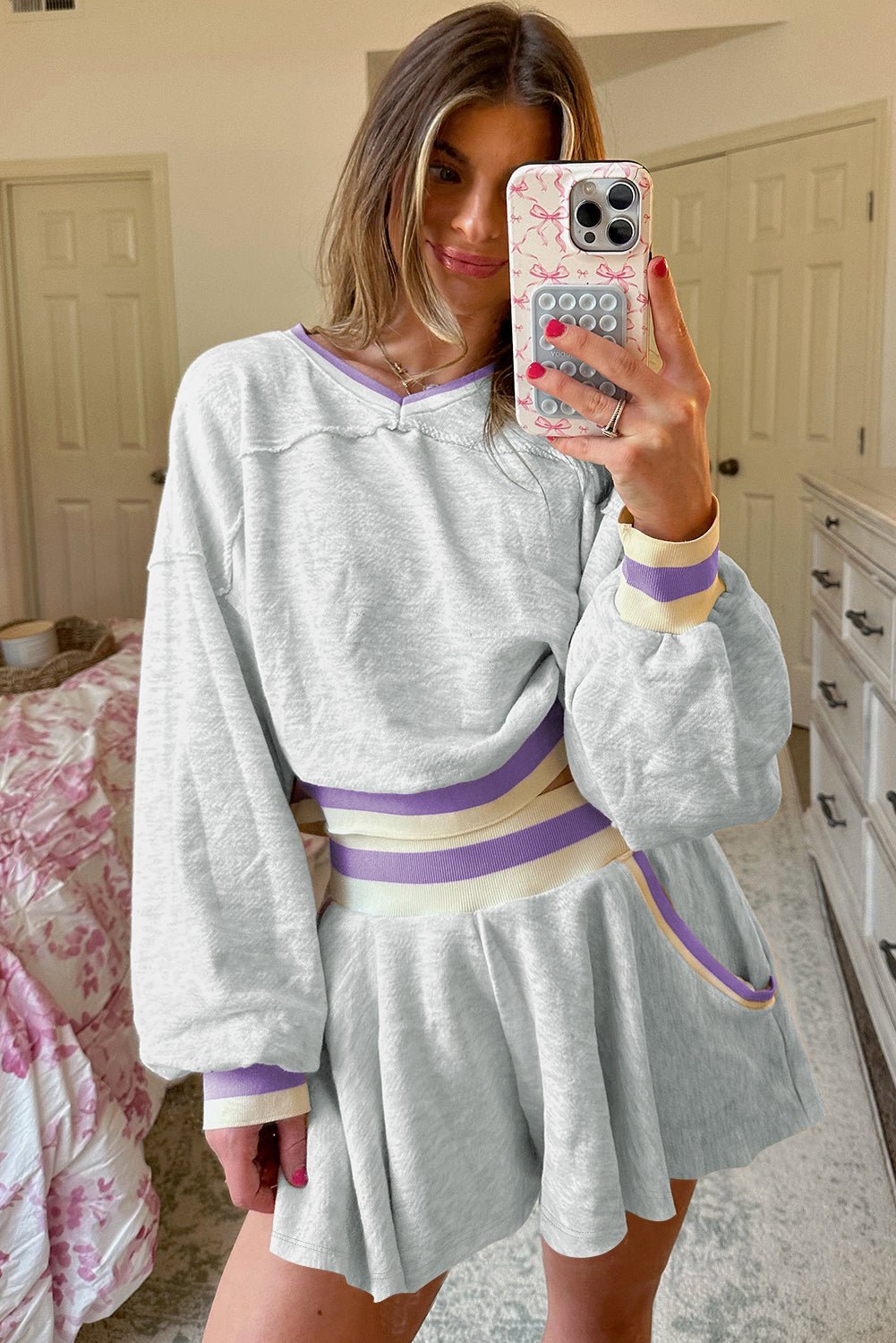 Light Grey Contrast Trim Striped Loose Sweatshirt and Skort Set - MAD RUFFI