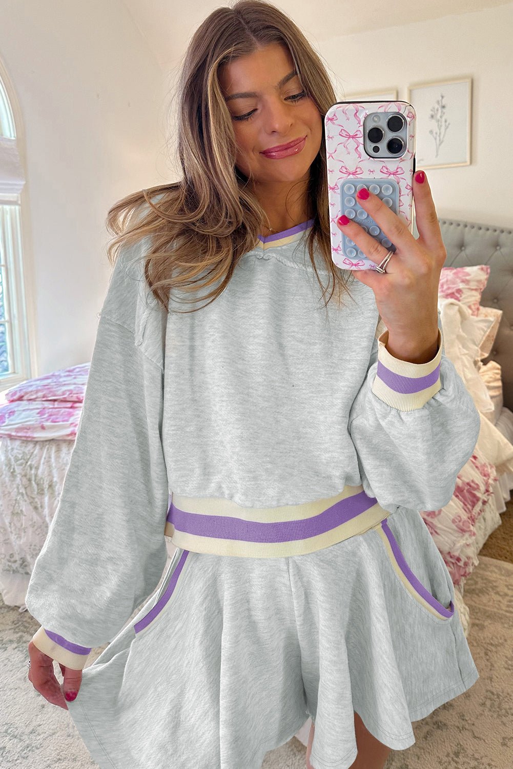 Light Grey Contrast Trim Striped Loose Sweatshirt and Skort Set - MAD RUFFI