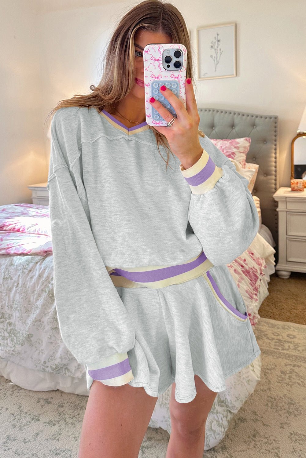 Light Grey Contrast Trim Striped Loose Sweatshirt and Skort Set - MAD RUFFI