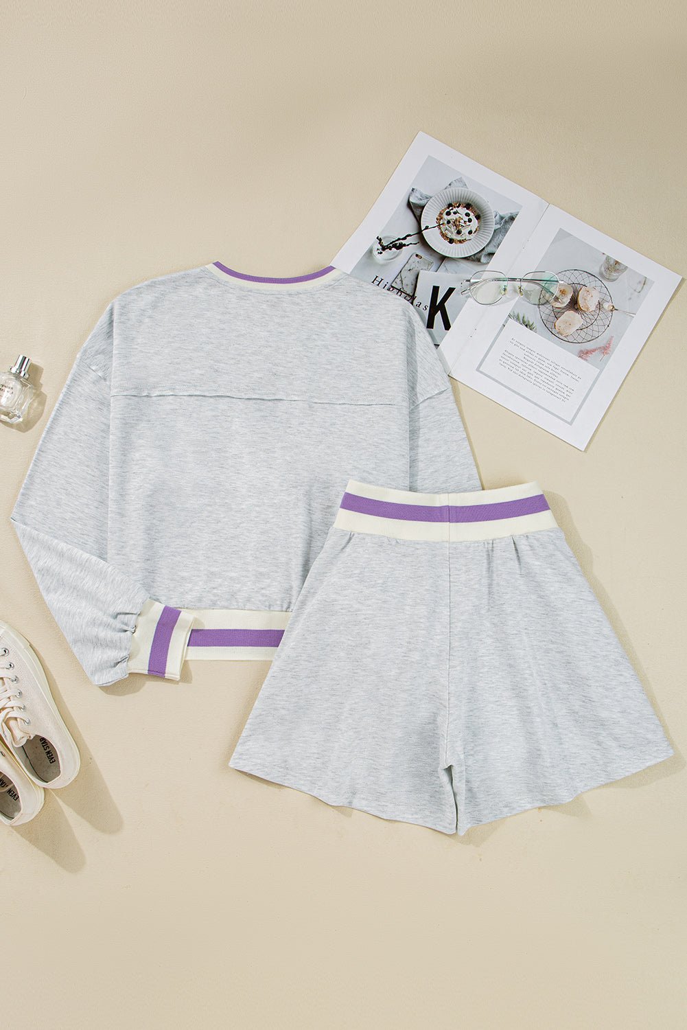 Light Grey Contrast Trim Striped Loose Sweatshirt and Skort Set - MAD RUFFI