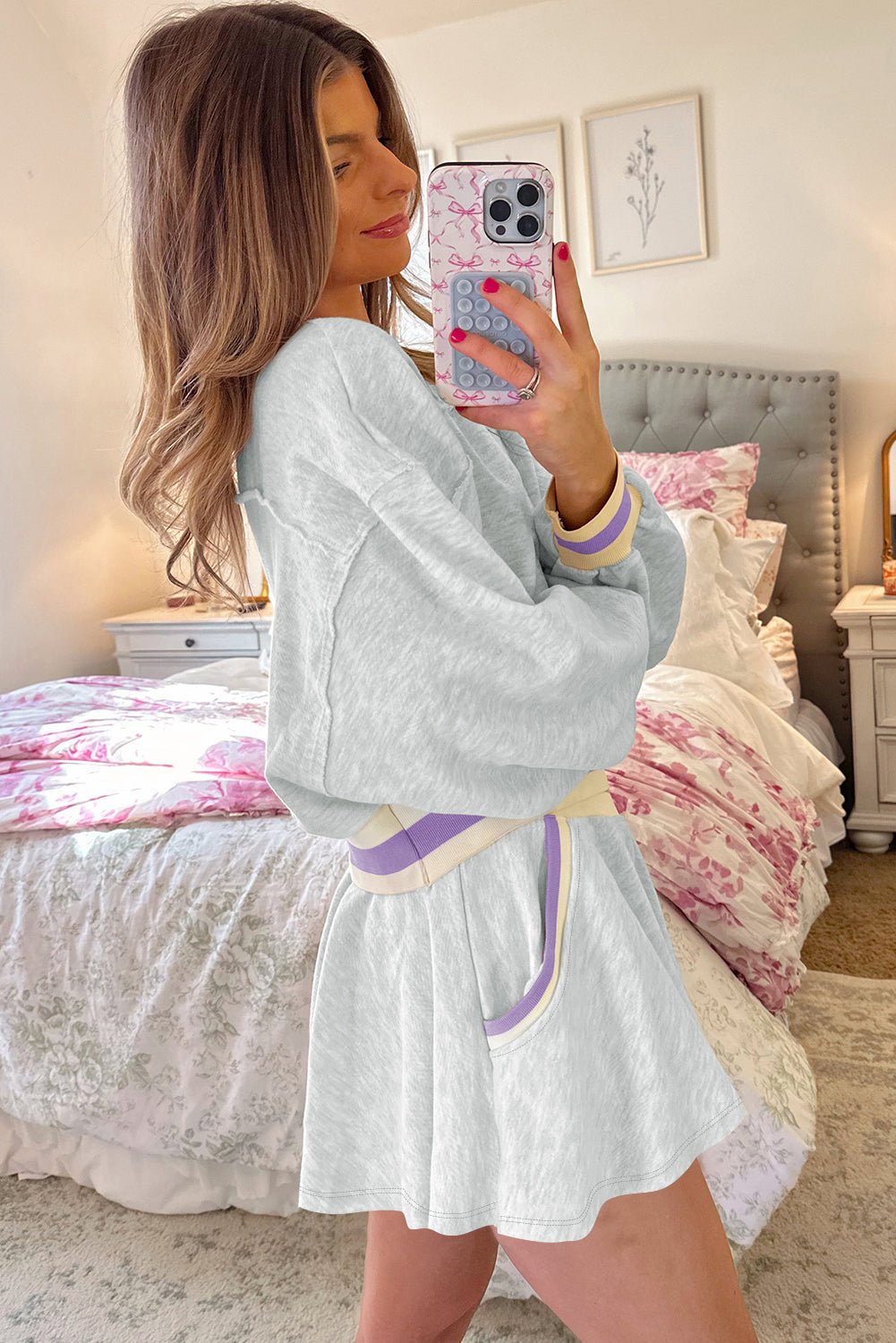 Light Grey Contrast Trim Striped Loose Sweatshirt and Skort Set - MAD RUFFI