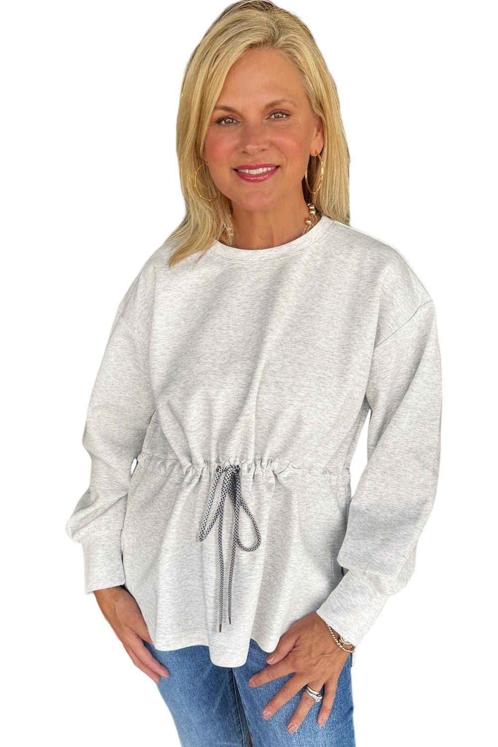 Light Grey Drawstring Waist Plain Pullover Sweatshirt - MAD RUFFI