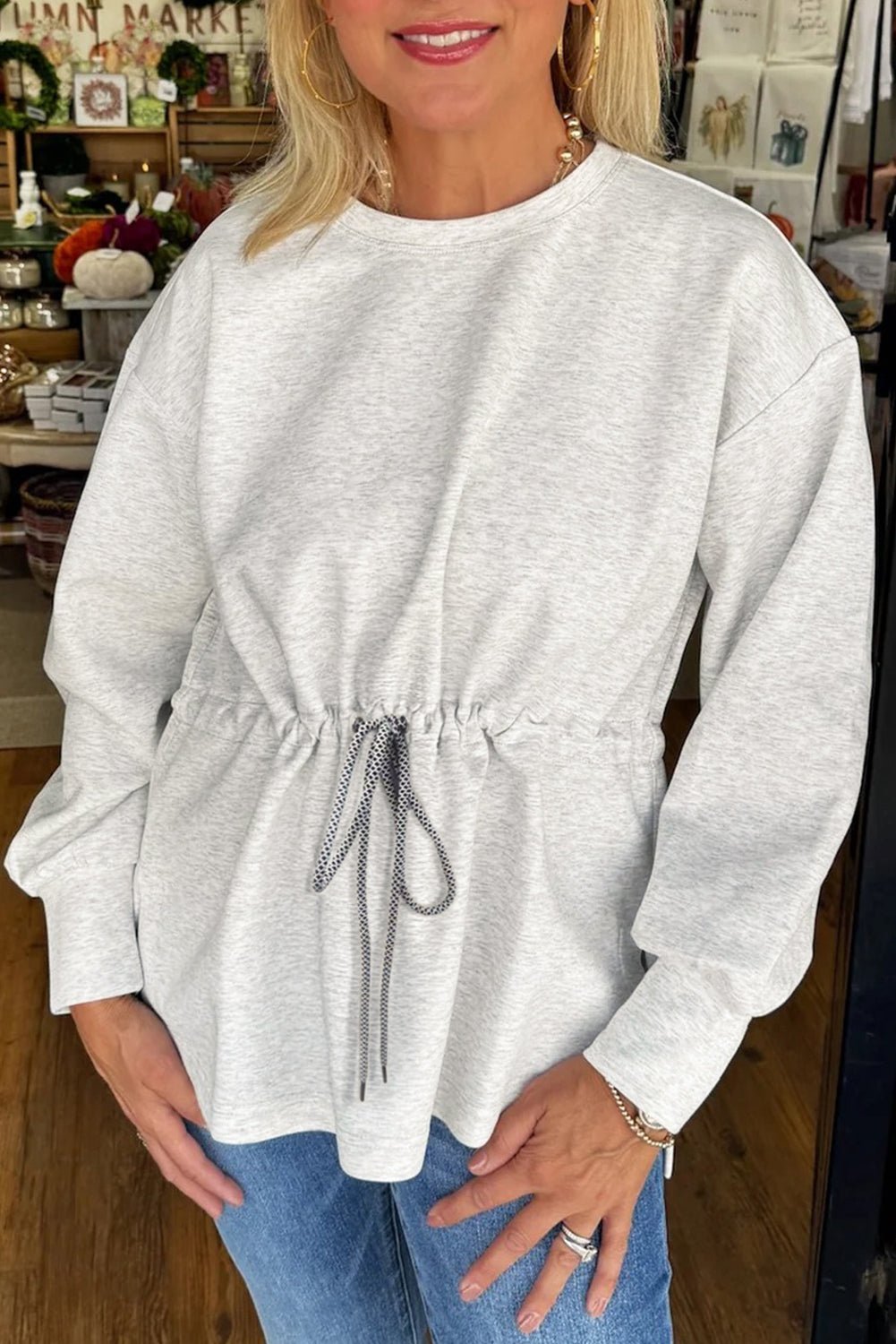 Light Grey Drawstring Waist Plain Pullover Sweatshirt - MAD RUFFI