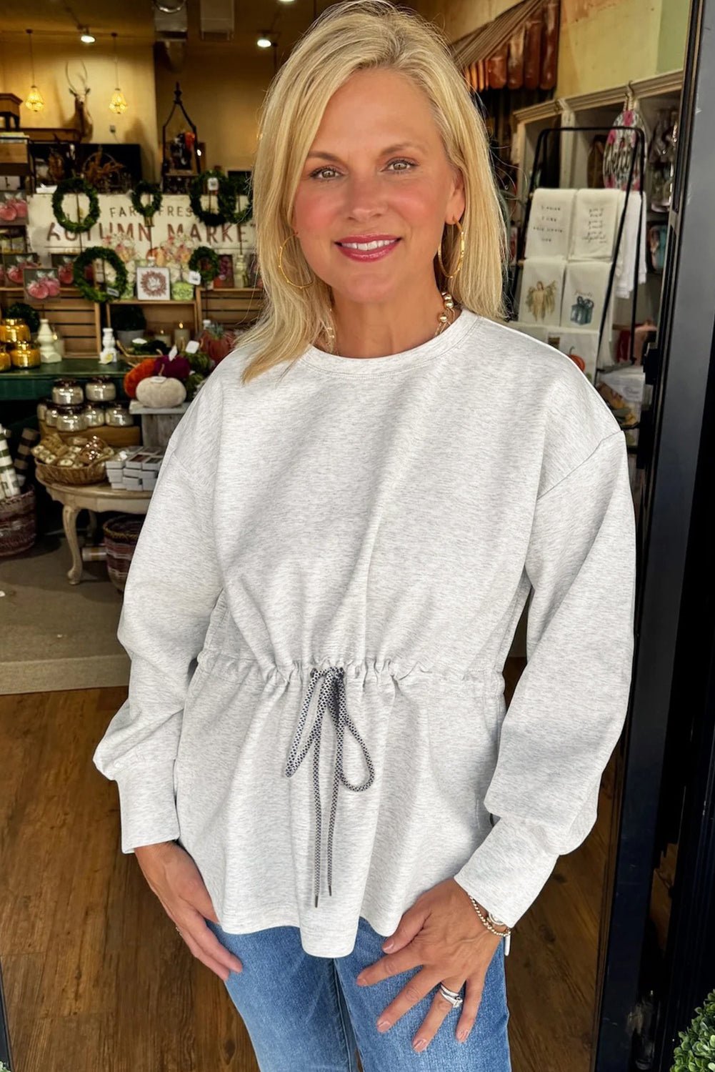 Light Grey Drawstring Waist Plain Pullover Sweatshirt - MAD RUFFI