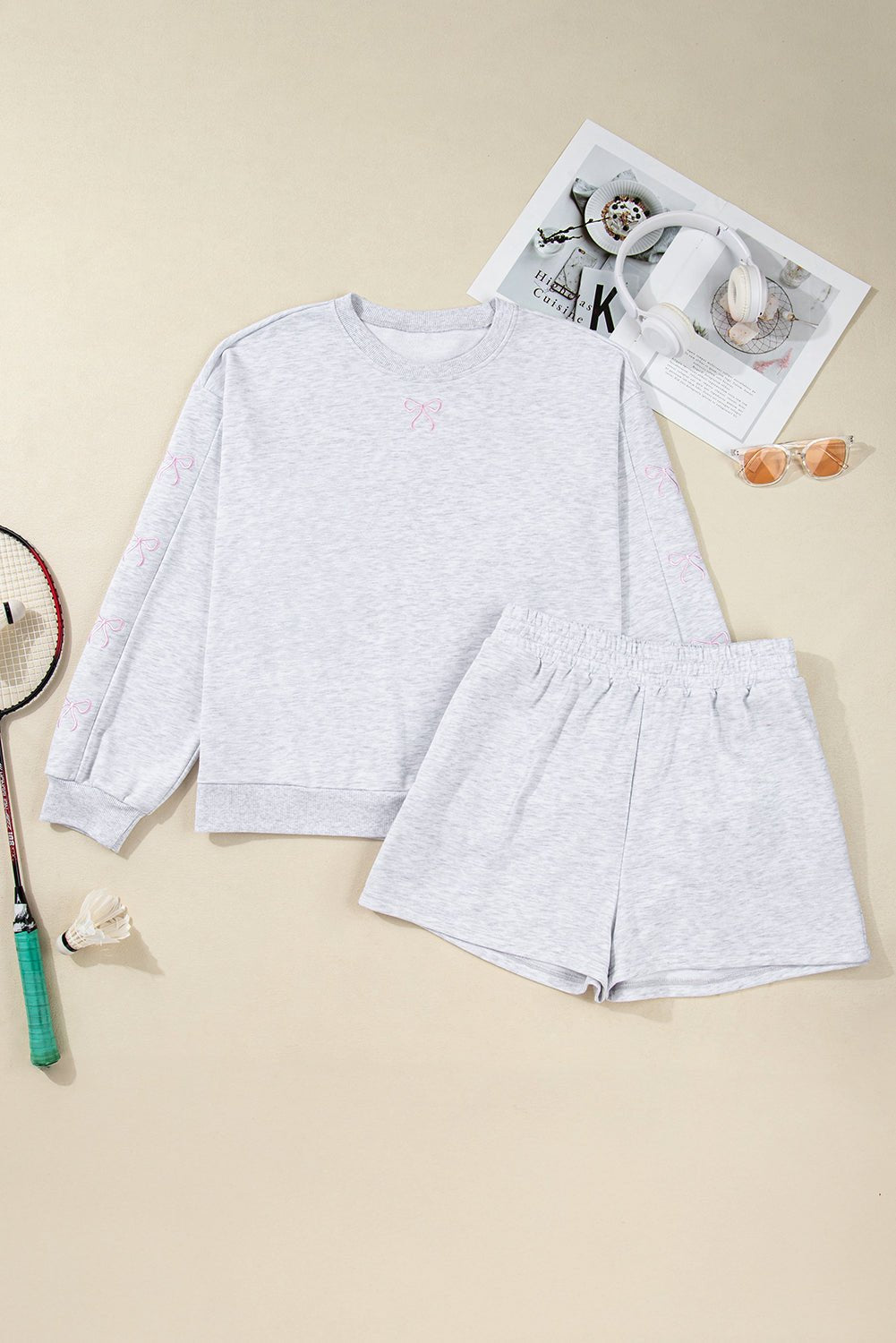 Light Grey Girly Bow Embroidered Pullover Loose Shorts Plus Size Outfit - MAD RUFFI