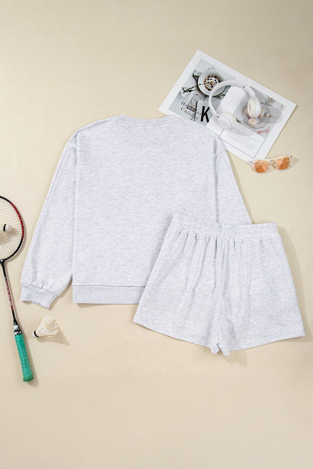Light Grey Girly Bow Embroidered Pullover Loose Shorts Plus Size Outfit - MAD RUFFI