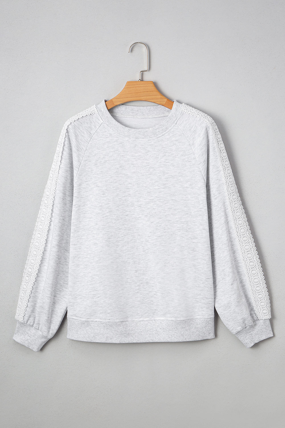 Light Grey Lace Applique Raglan Sleeve Crew Neck Sweatshirt - MAD RUFFI