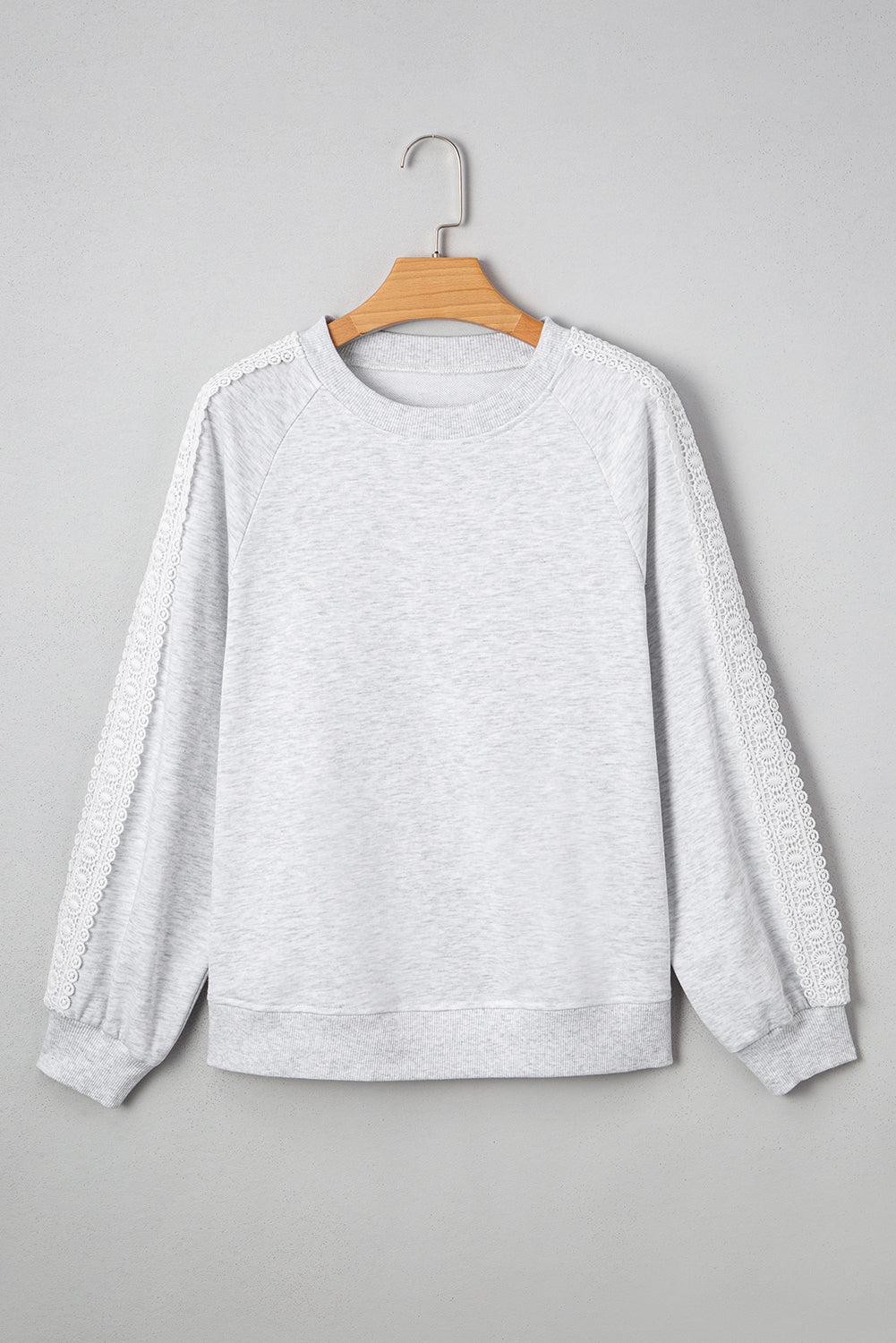Light Grey Lace Applique Raglan Sleeve Crew Neck Sweatshirt - MAD RUFFI