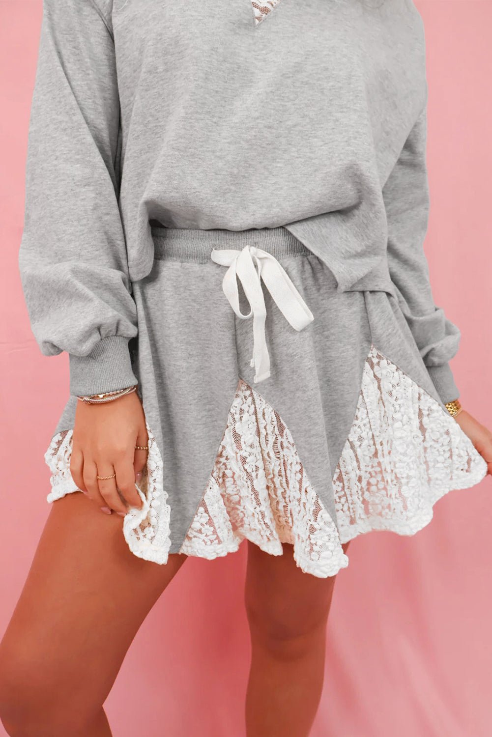 Light Grey Lace Patchwork Drop Shoulder Pullover Drawstring Skort Set - MAD RUFFI
