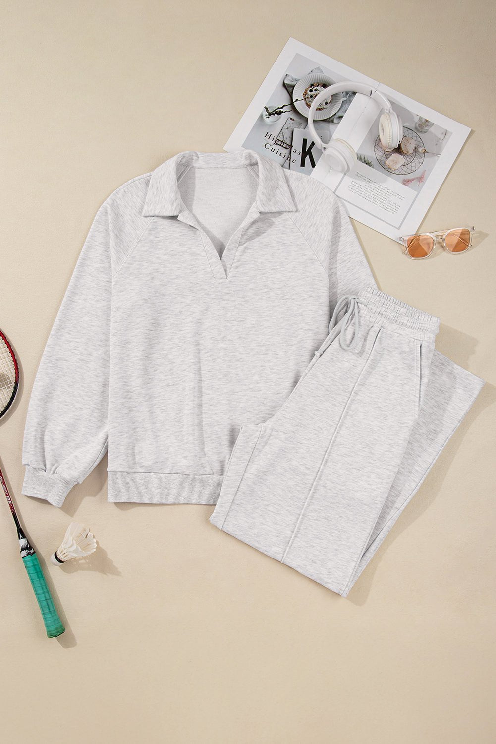 Light Grey Polo Collar V Neck Pullover and Drawstring Sweatpants Set - MAD RUFFI