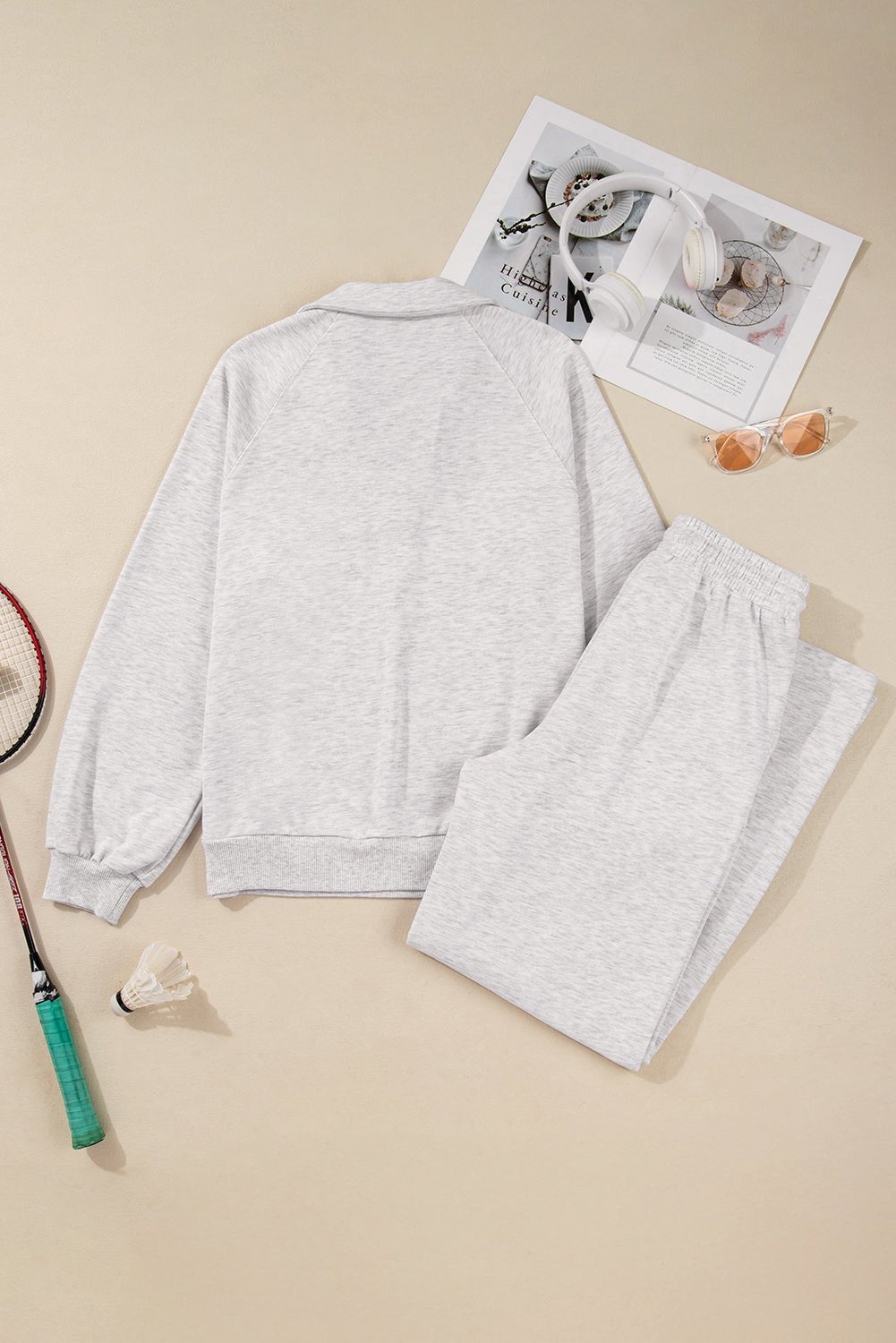 Light Grey Polo Collar V Neck Pullover and Drawstring Sweatpants Set - MAD RUFFI