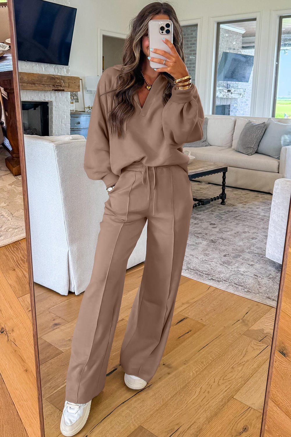 Light Grey Polo Collar V Neck Pullover and Drawstring Sweatpants Set - MAD RUFFI