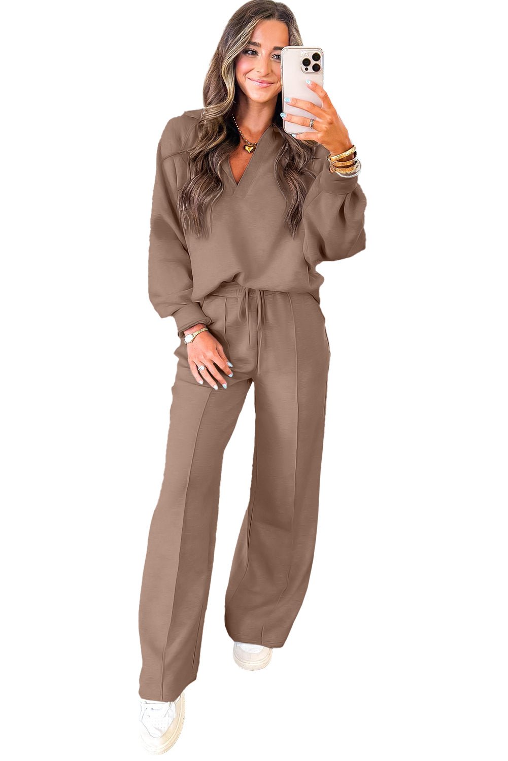 Light Grey Polo Collar V Neck Pullover and Drawstring Sweatpants Set - MAD RUFFI