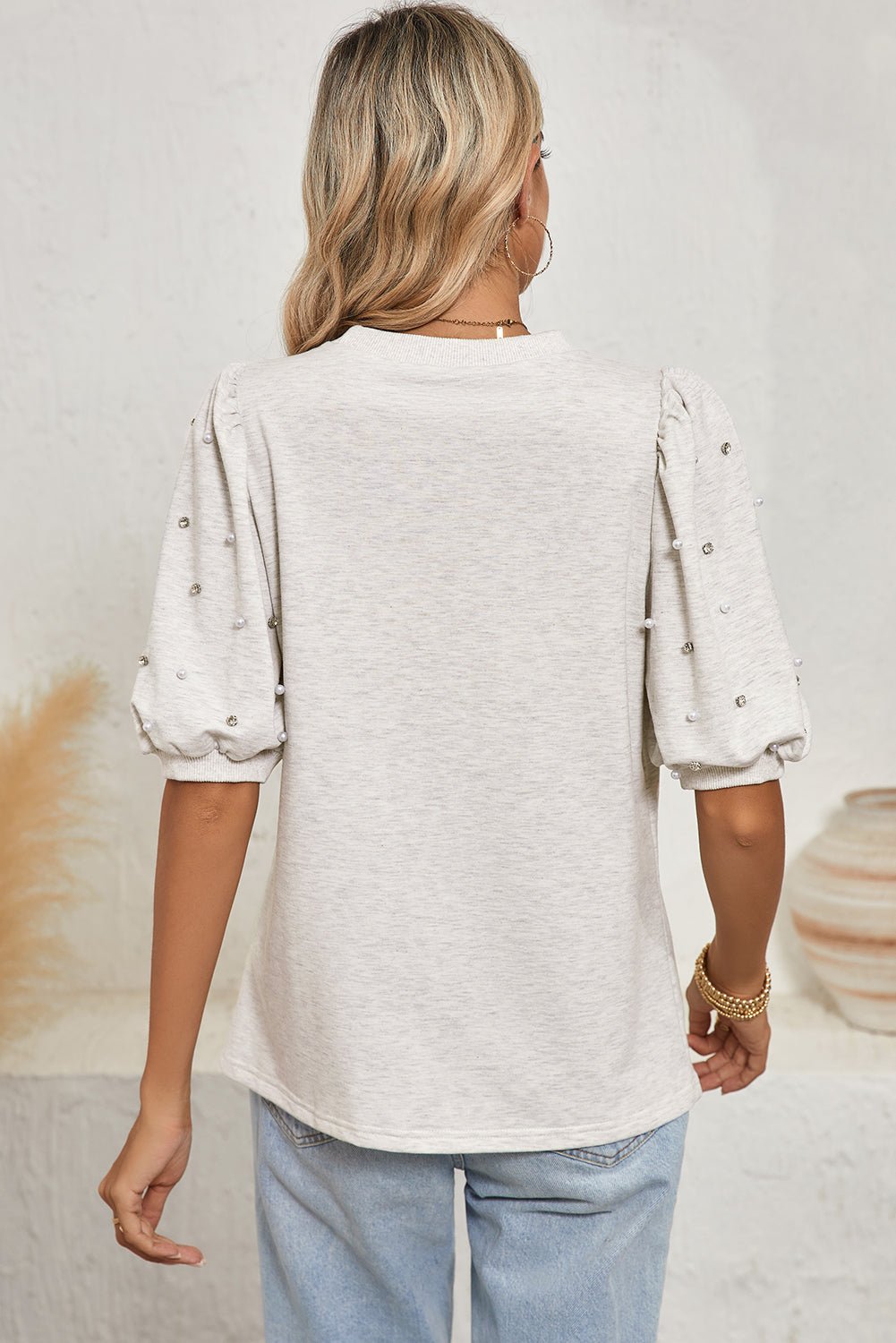 Light Grey Rhinestone Pearl Puff Sleeve Plain Top - MAD RUFFI