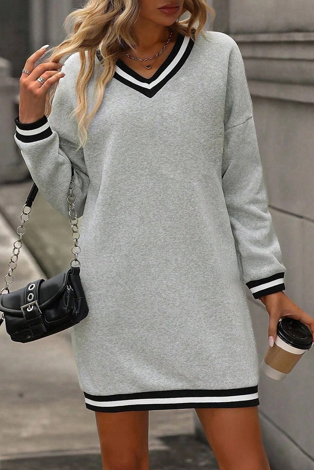 Light Grey Striped Trim V Neck Long Sleeve Preppy T Shirt Dress - MAD RUFFI