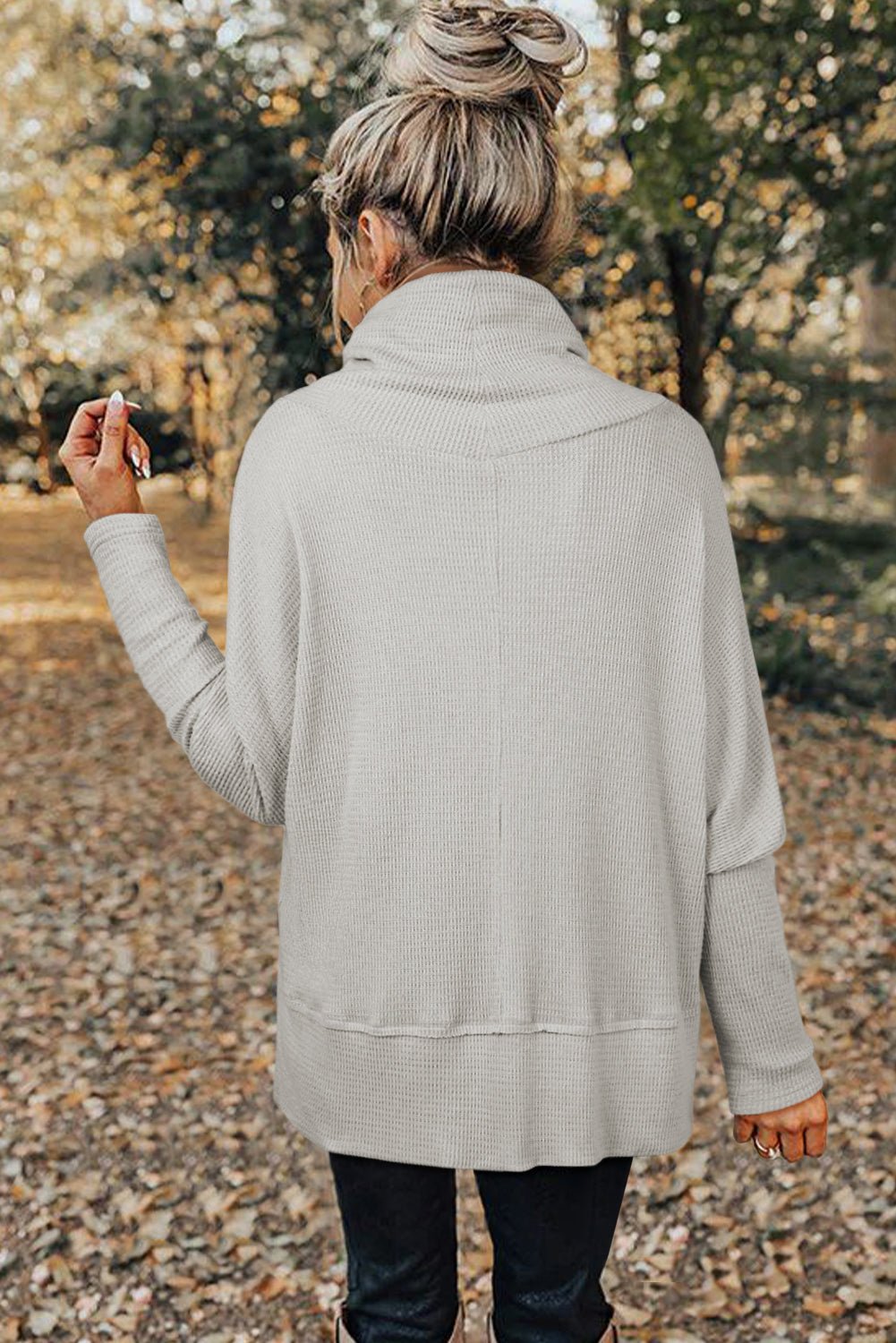 Light Grey Textured Knit Drawstring Cowl Neck Oversized Top - MAD RUFFI