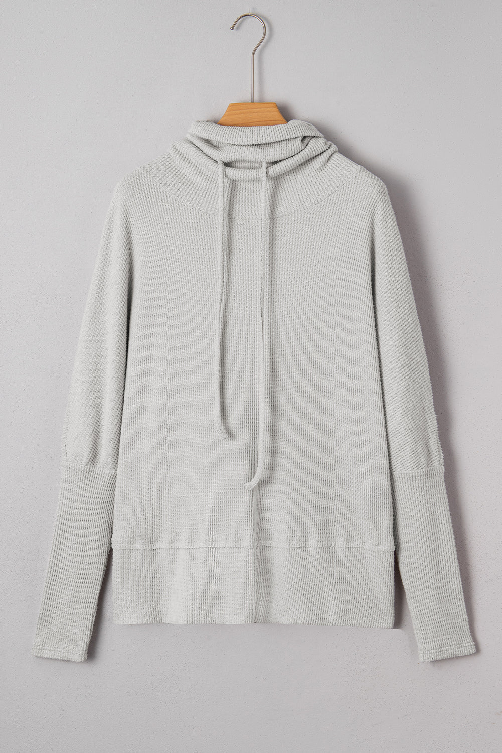 Light Grey Textured Knit Drawstring Cowl Neck Oversized Top - MAD RUFFI