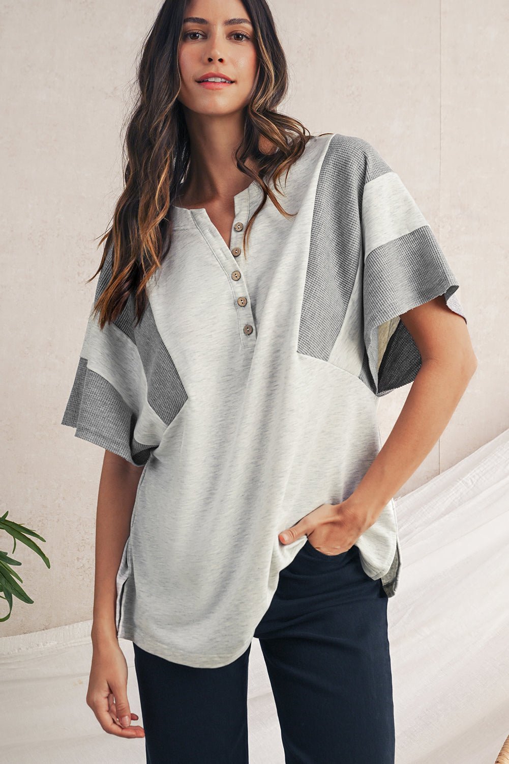 Light Grey Two Tone Contrast Waffle Knit Patched Buttoned V Neck Top - MAD RUFFI