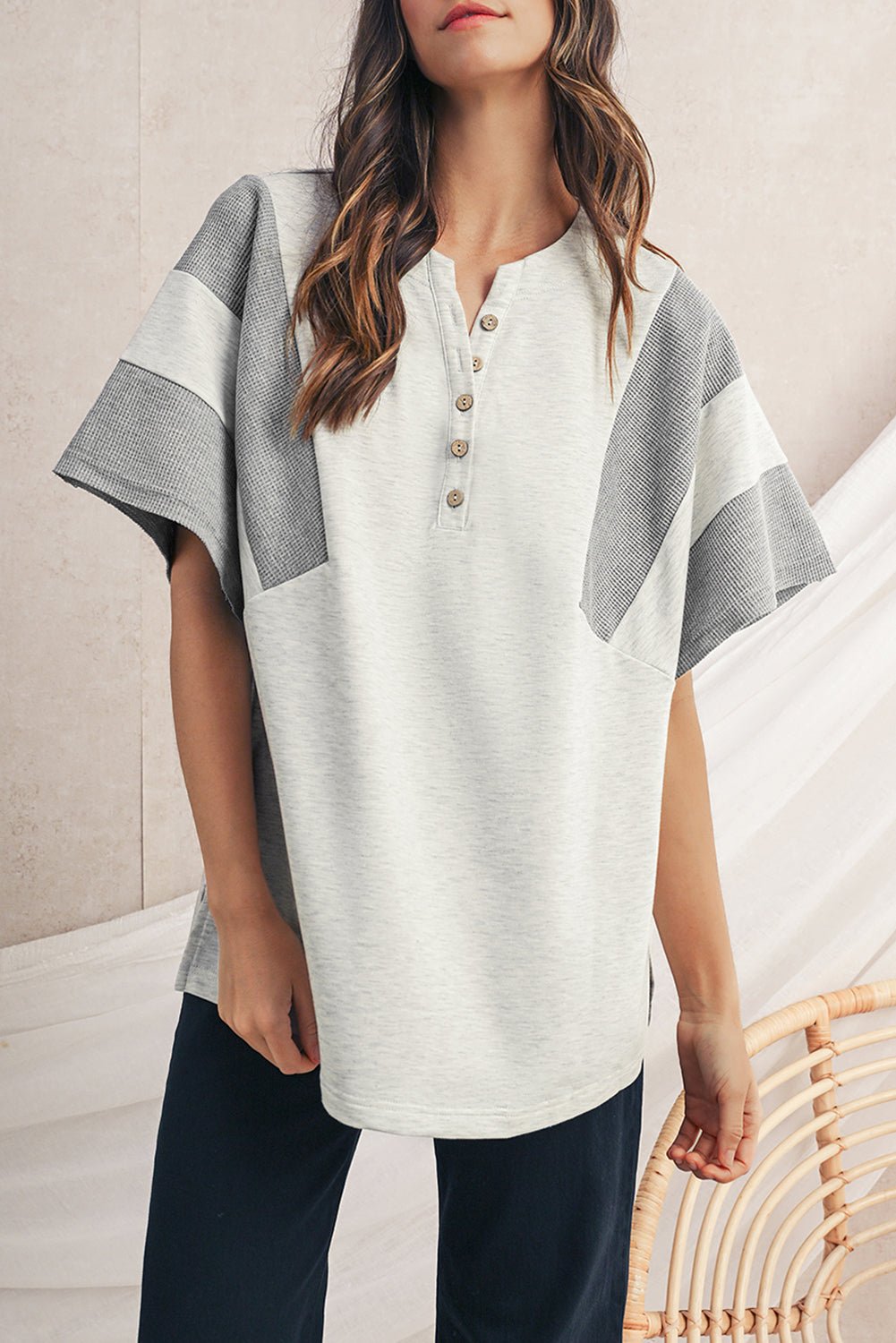 Light Grey Two Tone Contrast Waffle Knit Patched Buttoned V Neck Top - MAD RUFFI