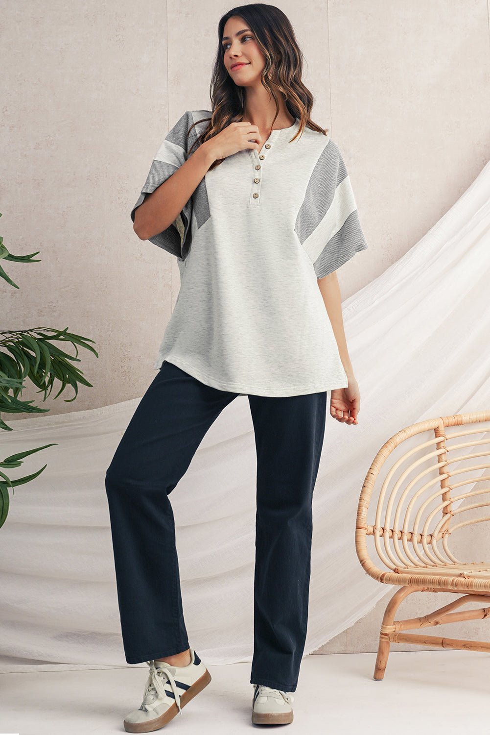 Light Grey Two Tone Contrast Waffle Knit Patched Buttoned V Neck Top - MAD RUFFI