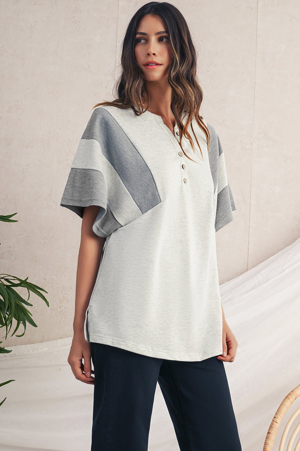 Light Grey Two Tone Contrast Waffle Knit Patched Buttoned V Neck Top - MAD RUFFI