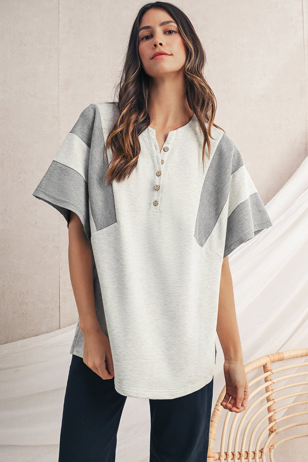 Light Grey Two Tone Contrast Waffle Knit Patched Buttoned V Neck Top - MAD RUFFI