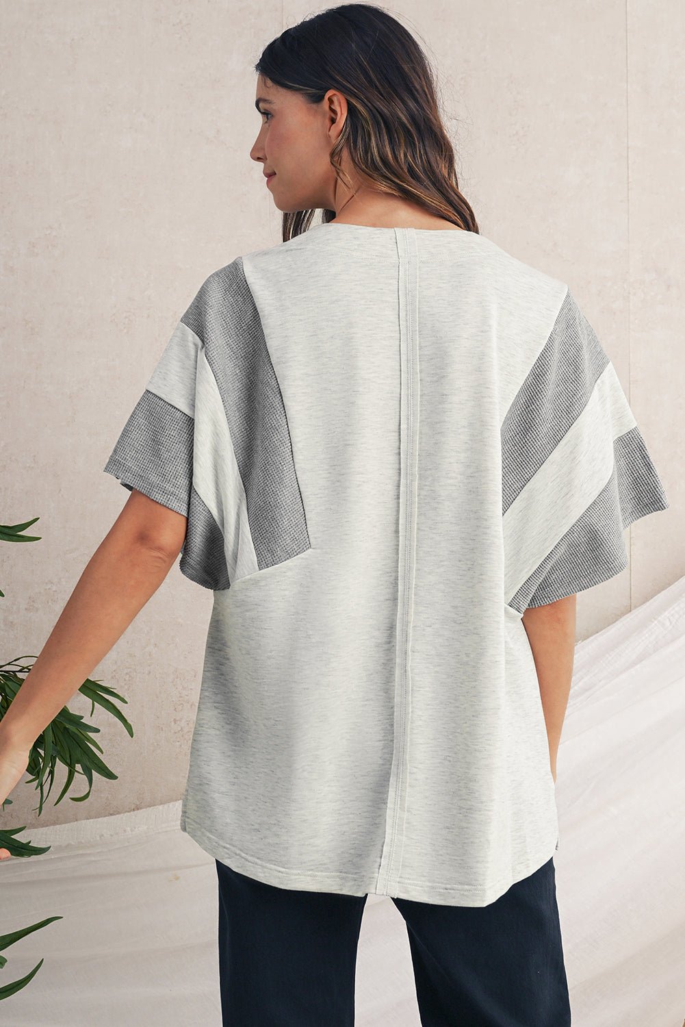 Light Grey Two Tone Contrast Waffle Knit Patched Buttoned V Neck Top - MAD RUFFI