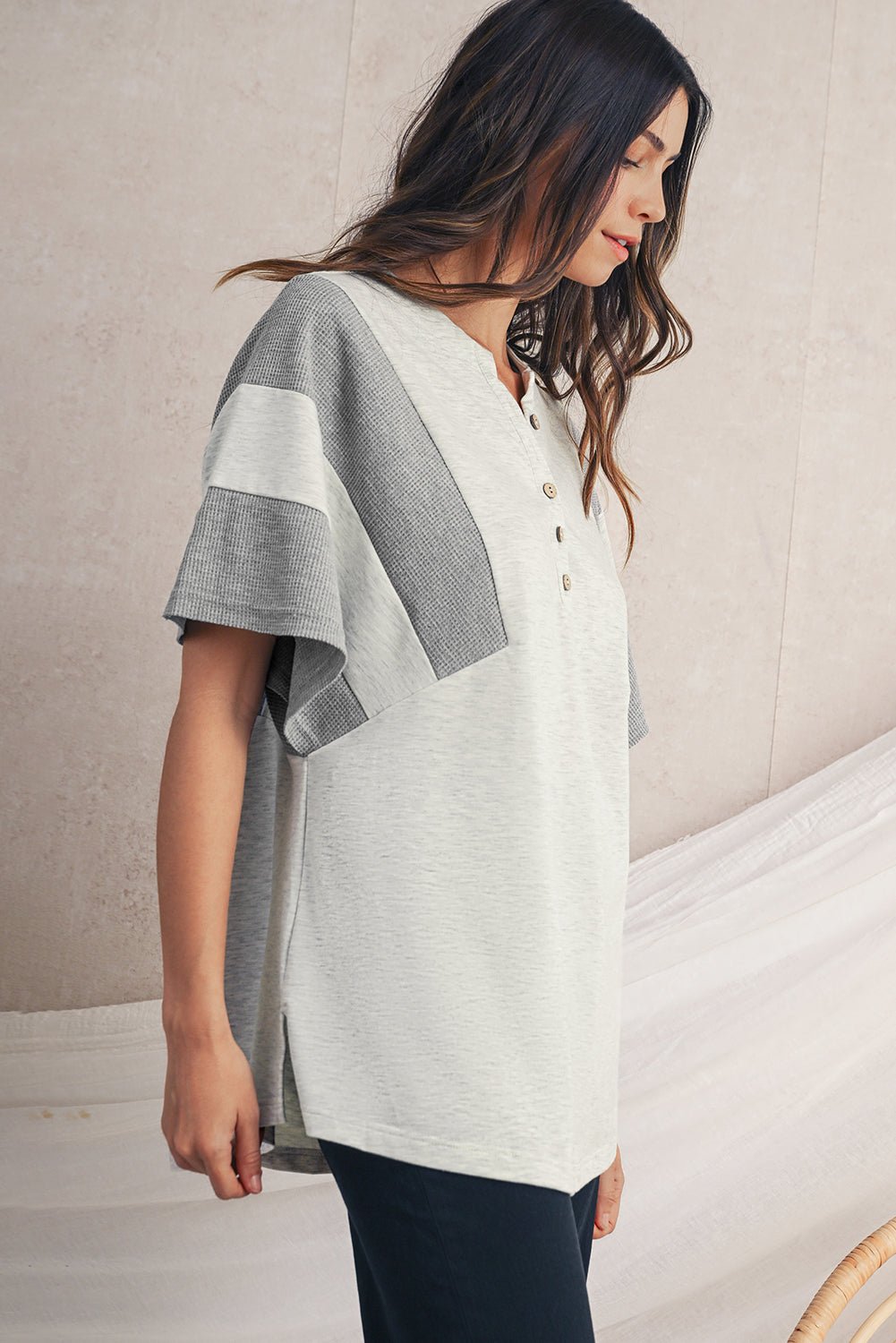 Light Grey Two Tone Contrast Waffle Knit Patched Buttoned V Neck Top - MAD RUFFI