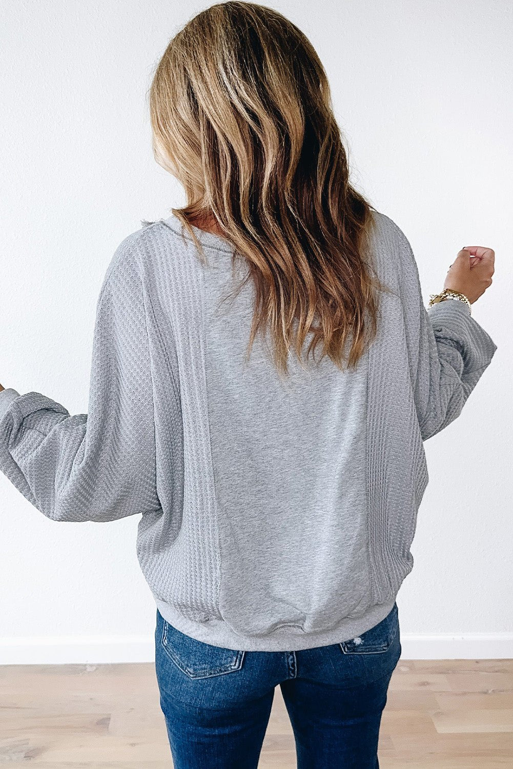 Light Grey Waffle Patchwork Long Sleeve Pullover Top - MAD RUFFI