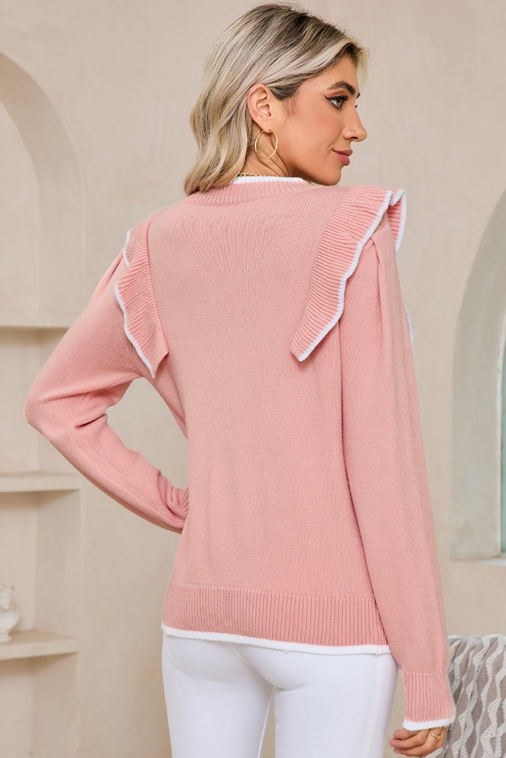 Light Pink Bow Detail Contrast Trim Ruffle Sweater - MAD RUFFI