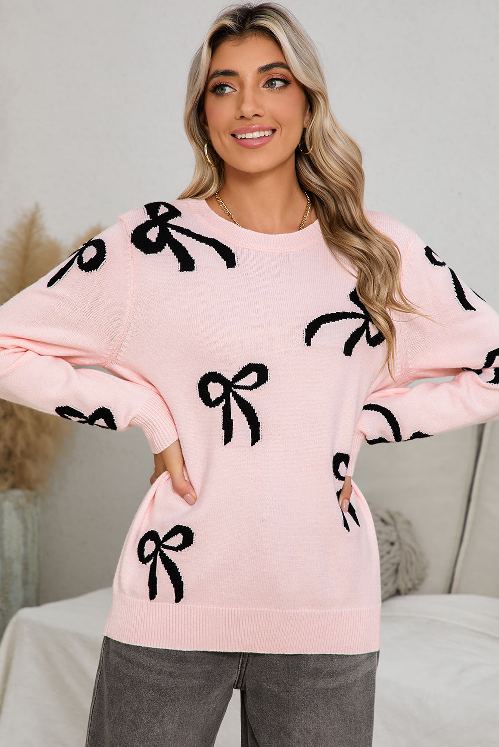 Light Pink Bow Print Long Sleeve Loose Fit Sweater - MAD RUFFI