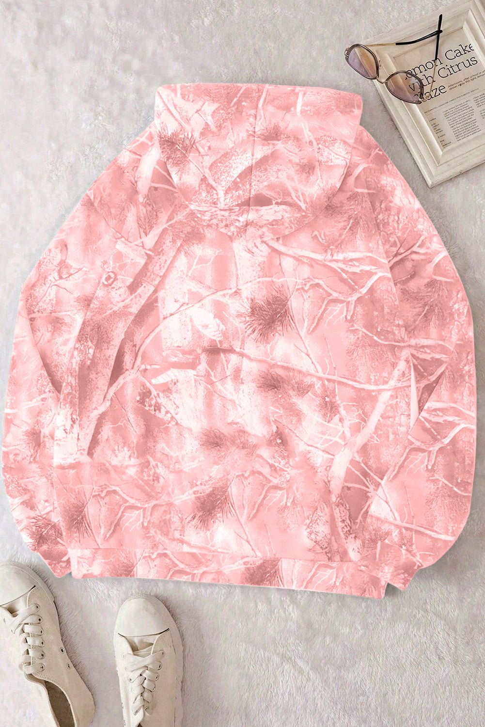 Light Pink Camouflage Plant Print Kangaroo Pocket Oversized Hoodie - MAD RUFFI