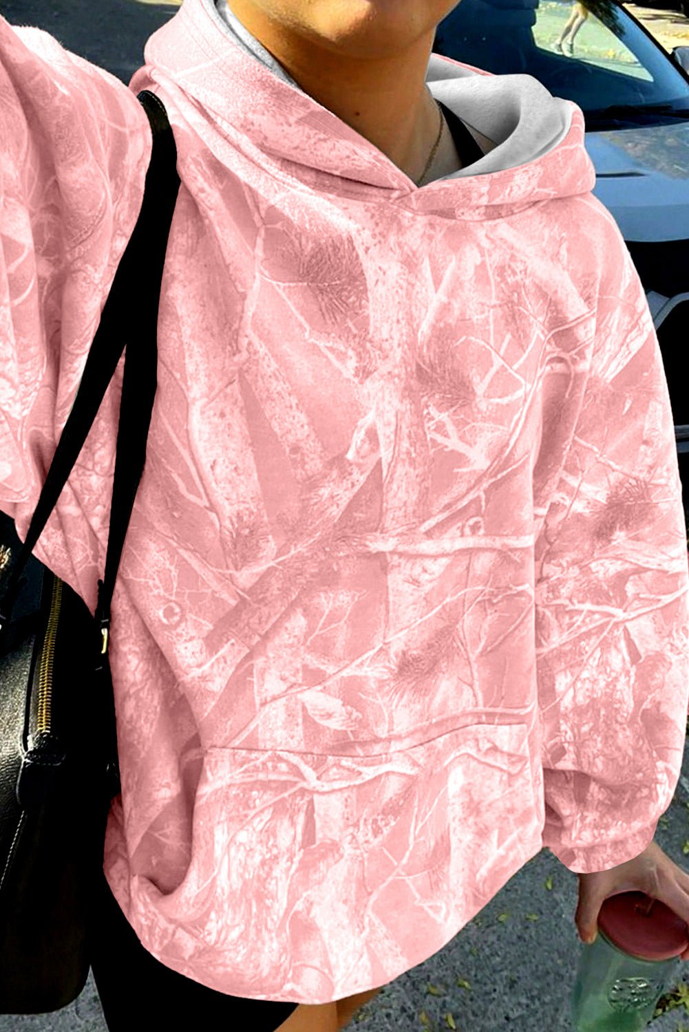 Light Pink Camouflage Plant Print Kangaroo Pocket Oversized Hoodie - MAD RUFFI