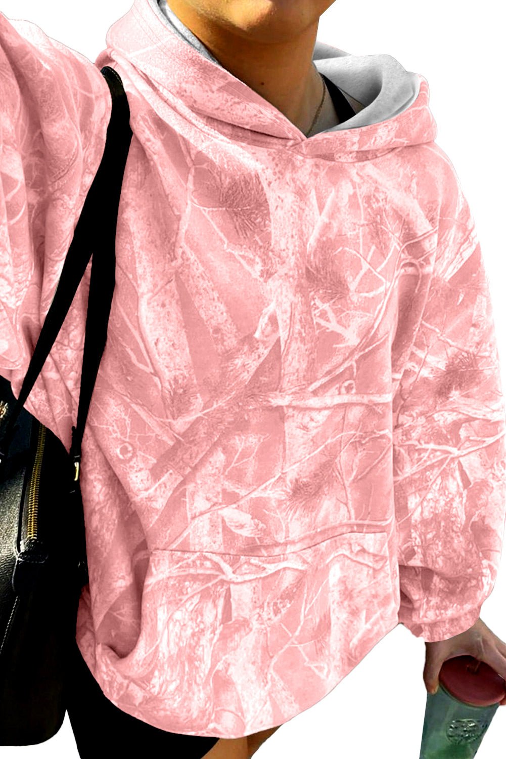 Light Pink Camouflage Plant Print Kangaroo Pocket Oversized Hoodie - MAD RUFFI