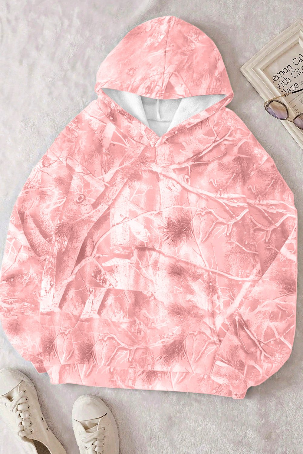 Light Pink Camouflage Plant Print Kangaroo Pocket Oversized Hoodie - MAD RUFFI