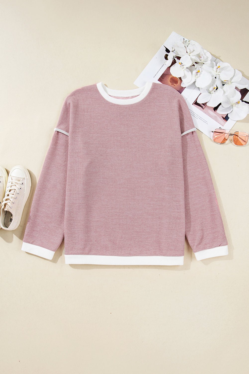 Light Pink Contrast Trim Knitted Drop Shoulder Plus Size Top - MAD RUFFI