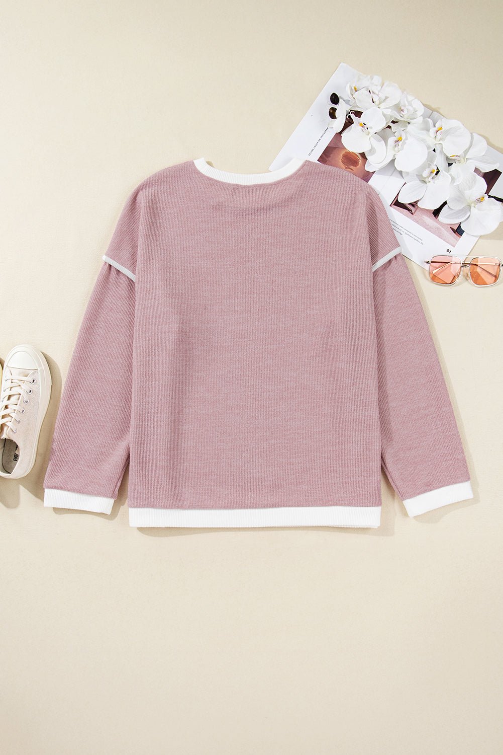 Light Pink Contrast Trim Knitted Drop Shoulder Plus Size Top - MAD RUFFI