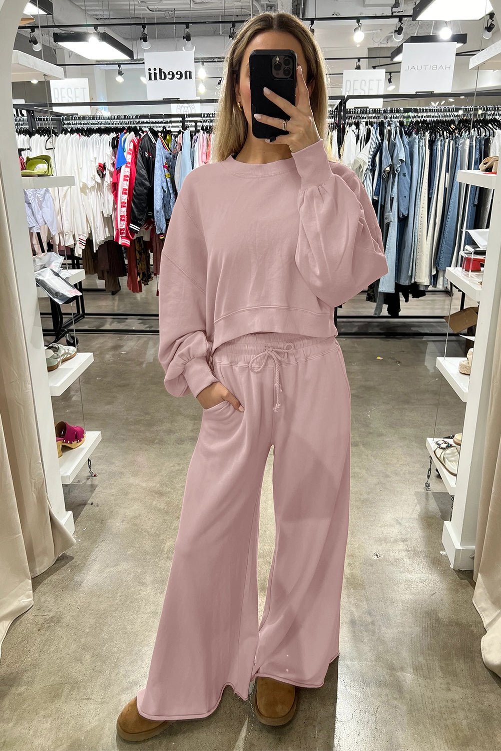 Light Pink Drop Shoulder Crop Pullover Drawstring Wide Leg Pants Set - MAD RUFFI