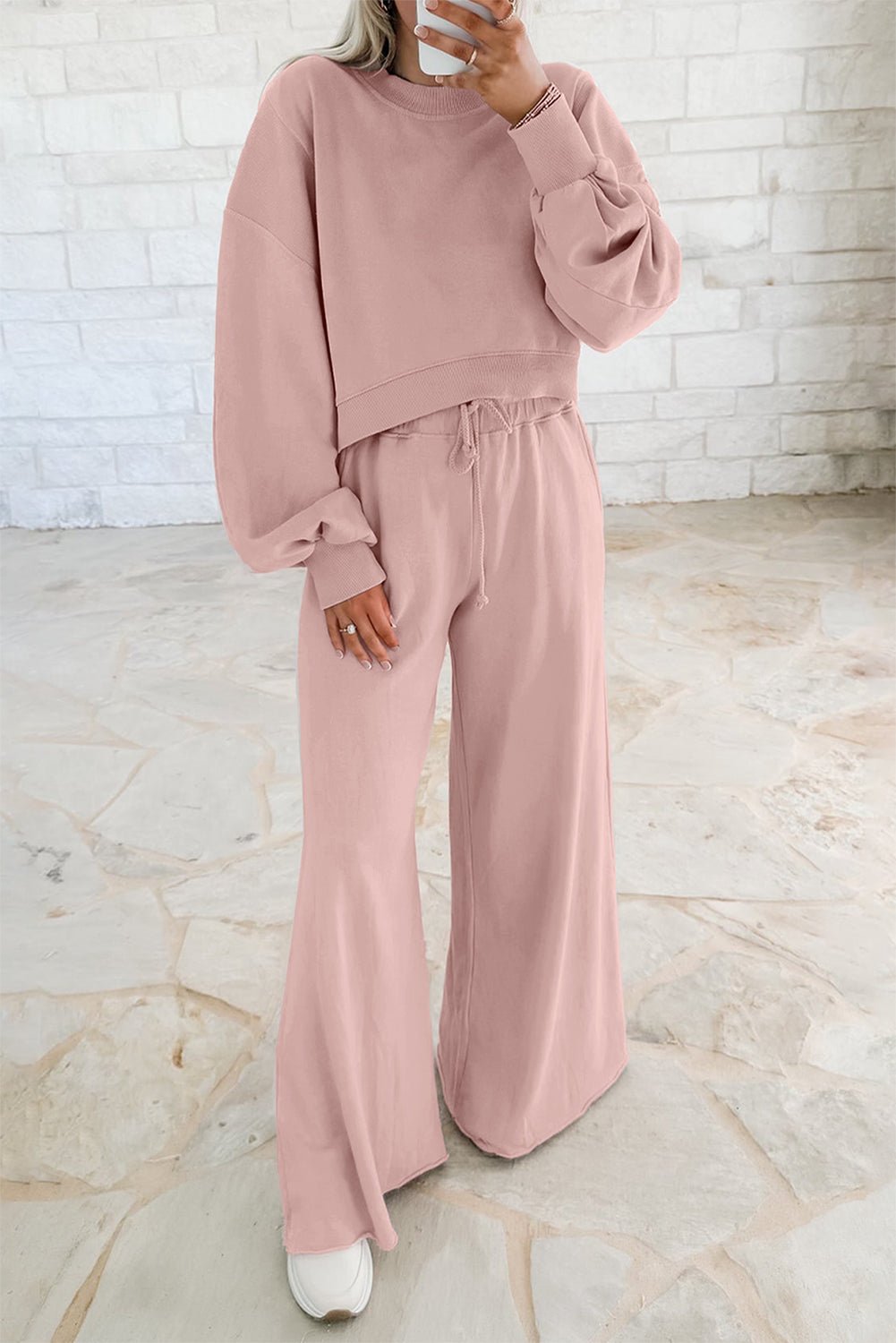 Light Pink Drop Shoulder Crop Pullover Drawstring Wide Leg Pants Set - MAD RUFFI