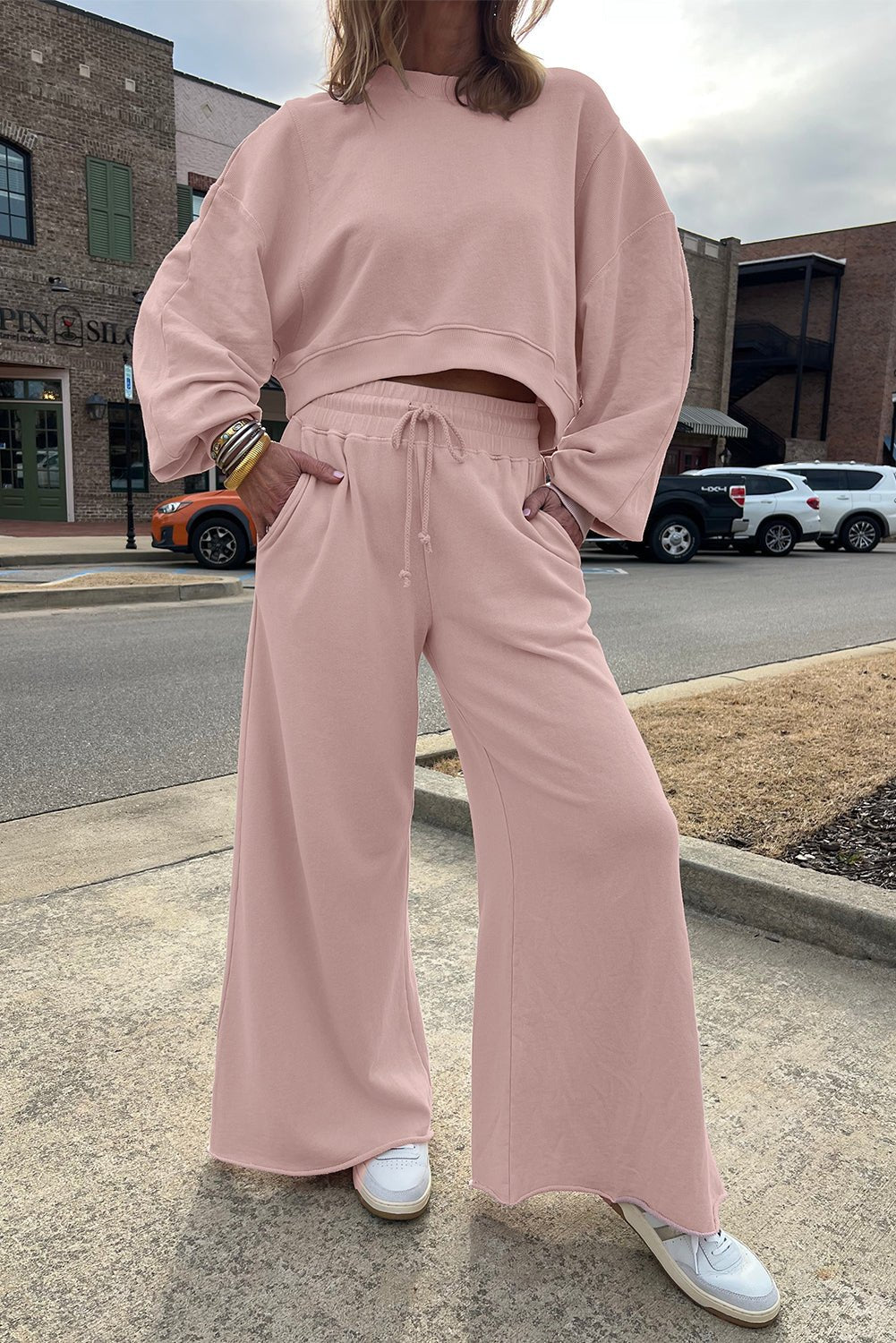 Light Pink Drop Shoulder Crop Pullover Drawstring Wide Leg Pants Set - MAD RUFFI