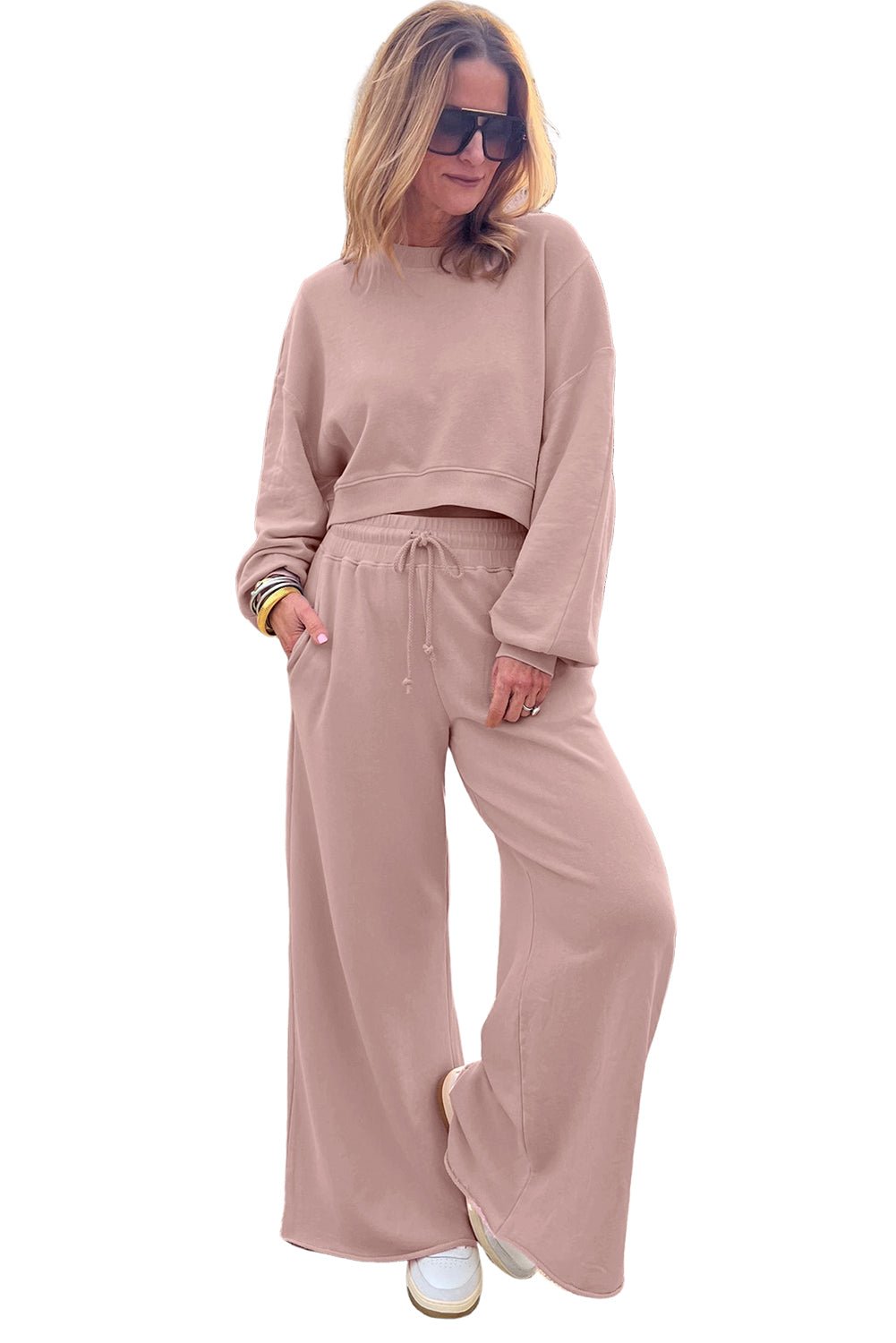 Light Pink Drop Shoulder Crop Pullover Drawstring Wide Leg Pants Set - MAD RUFFI