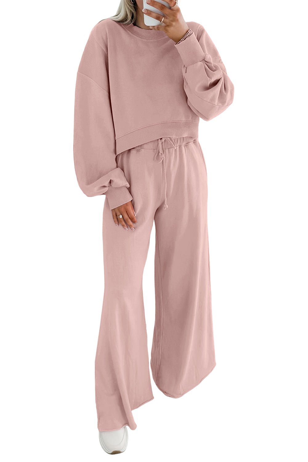 Light Pink Drop Shoulder Crop Pullover Drawstring Wide Leg Pants Set - MAD RUFFI
