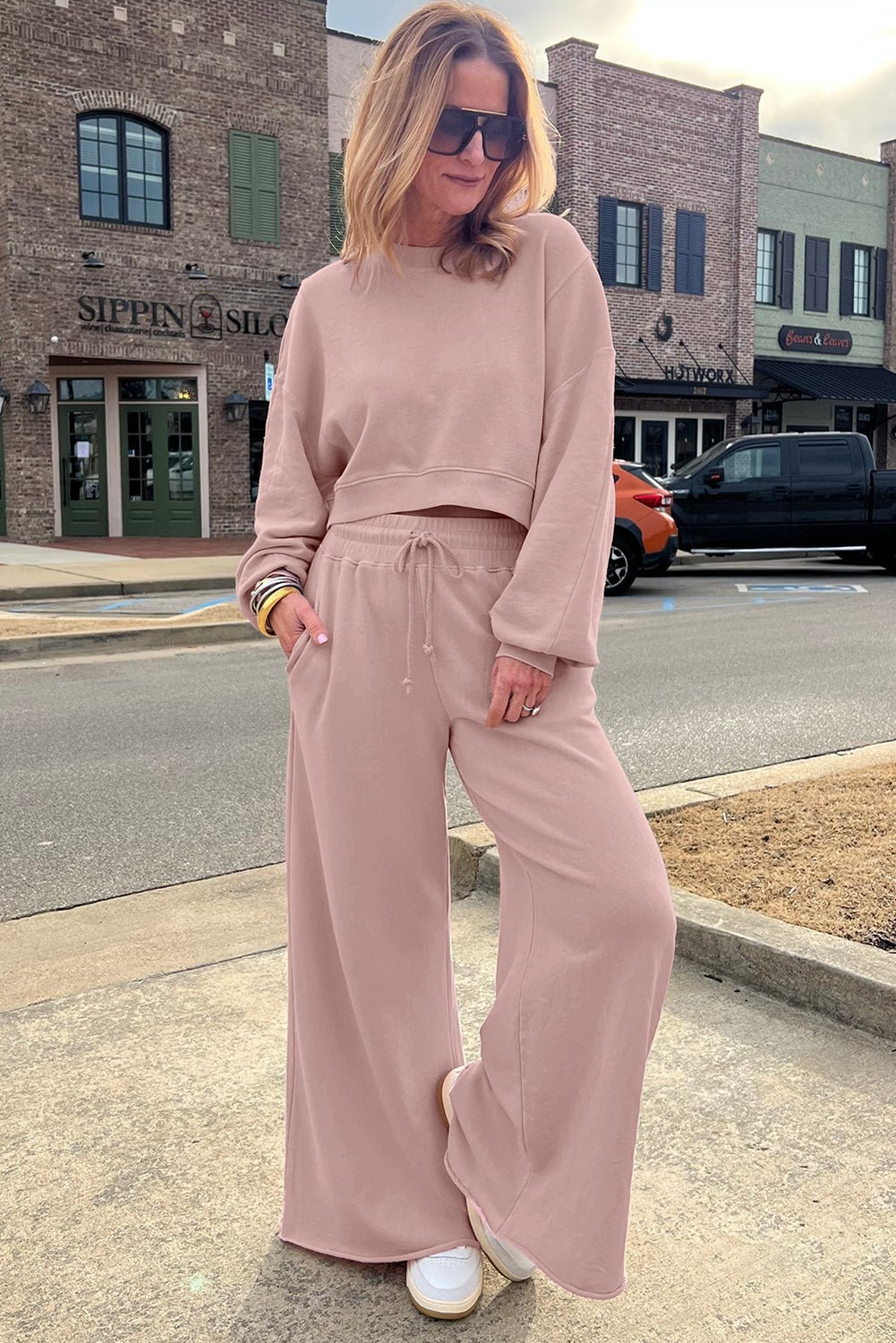 Light Pink Drop Shoulder Crop Pullover Drawstring Wide Leg Pants Set - MAD RUFFI